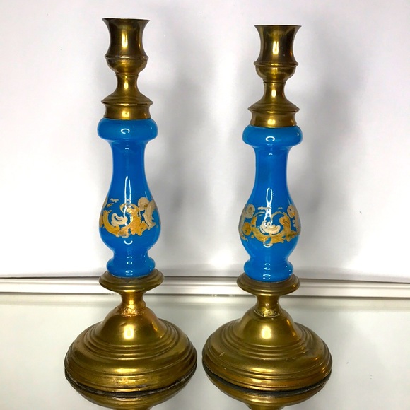Antique Blue Opaline & Brass Candlesticks PAIR